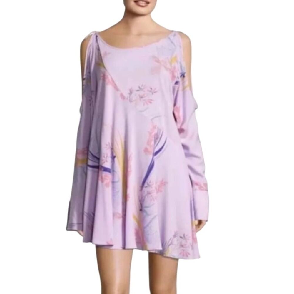 Free People Women's Purple Floral Clear Skies Cold Shoulder‎ Tunic Size Small
